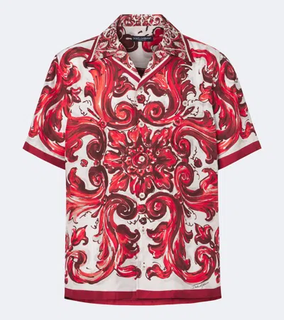 Dolce & Gabbana Silk Twill Hawaiian Shirt With Majolica Print In Red
