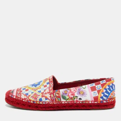 Pre-owned Dolce & Gabbana Majolica Size 40 Multicolor Print Leather Espadrille Flats