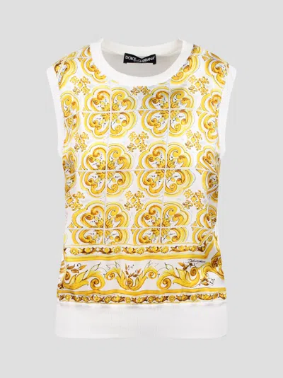 Dolce & Gabbana Sleeveless Silk Sweater With Majolica-print Silk Twill Panel On The Front