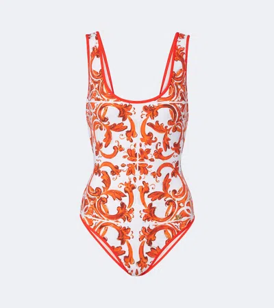Dolce & Gabbana Majolica Swimsuit In Orange