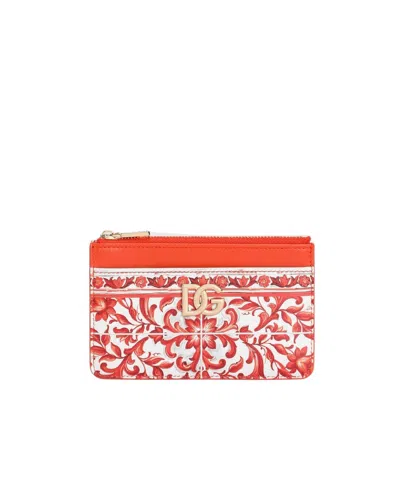 Dolce & Gabbana Majolica-print 3.5 Calfskin Card Holder In Red