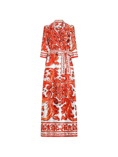 Dolce & Gabbana Printed Dress Belted Waist Three Quarter Sleeves In Multi