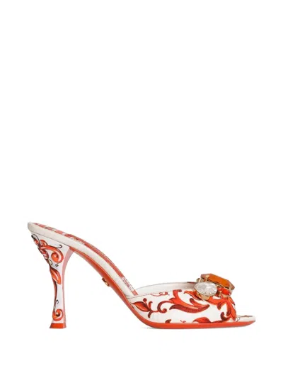 Dolce & Gabbana Majolica-print Brocade Keira Mules With Embroidery In White