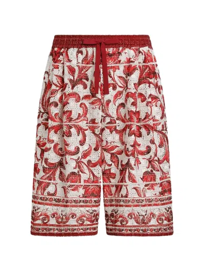 Dolce & Gabbana Majolica-print Broderie Anglaise Lace Vanity Bermuda Shorts In Red