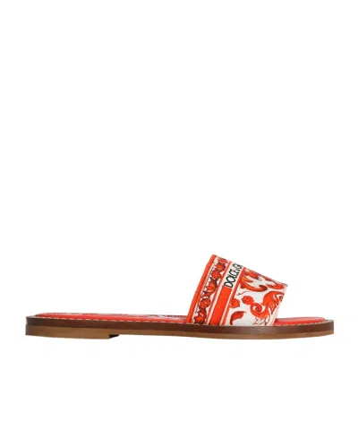 Dolce & Gabbana Majolica-print Canvas Flat Slippers In Red