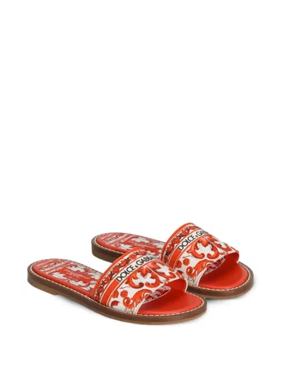 Dolce & Gabbana Kids' Majolica-print Canvas Flat Slippers In Orange