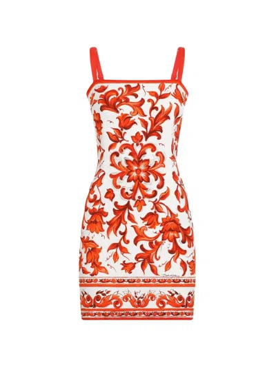 Dolce & Gabbana Orange And White Charmeuse Maiolica Mini Dress In Multi