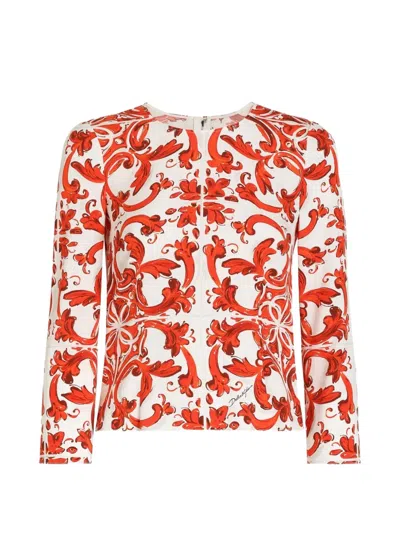 Dolce & Gabbana Majolica-print Charmeuse Fitted Top In White