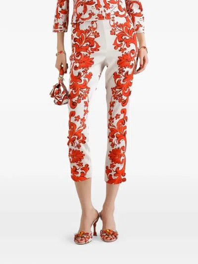 Dolce & Gabbana Majolica-print Charmeuse Leggings In White