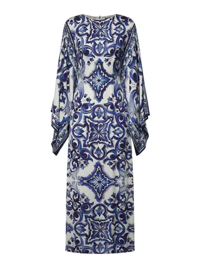 Dolce & Gabbana Majolica-print Charmeuse Long Dress In Blue