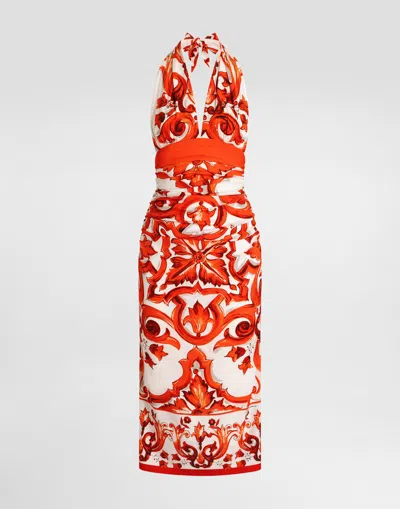 Dolce & Gabbana Majolica-print Charmeuse Long Dress In Orange