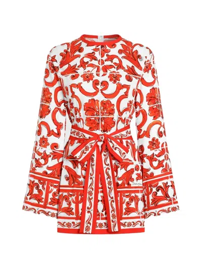 Dolce & Gabbana Silk Charmeuse Shirt With Maiolica Print In Red