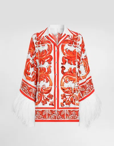 Dolce & Gabbana Majolica-print Charmeuse Shirt With Feather Trim In Multi