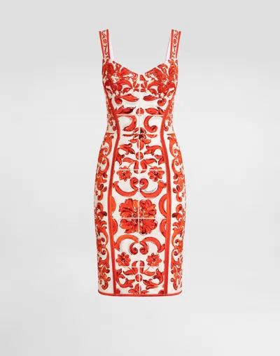 Dolce & Gabbana Majolica-print Charmeuse Short Dress In Orange