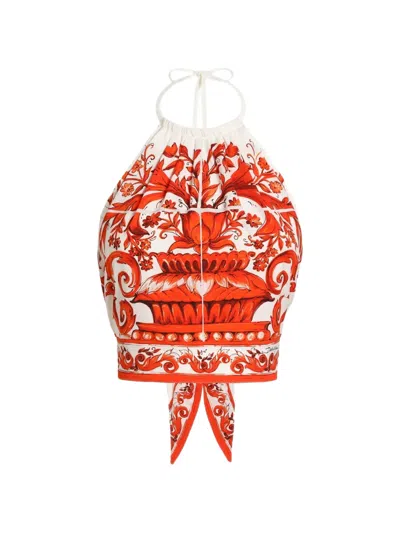 Dolce & Gabbana Majolica-print Charmeuse Top In Orange