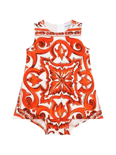 Dolce & Gabbana Babies' Majolica-print Dress With Interlock Bloomers In Orange