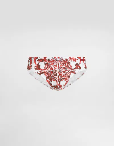 Dolce & Gabbana Majolica-print High Swim Briefs In White