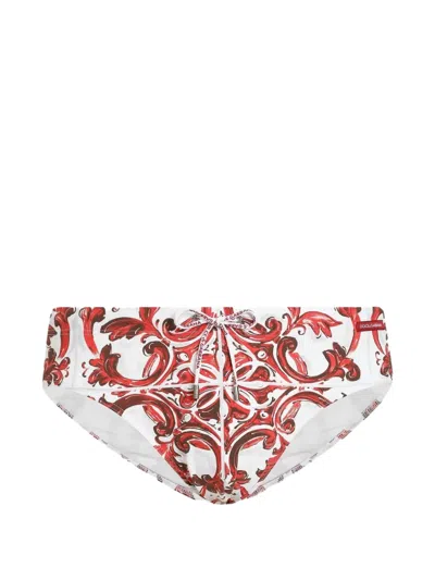 Dolce & Gabbana Majolica-print High Swim Briefs In White