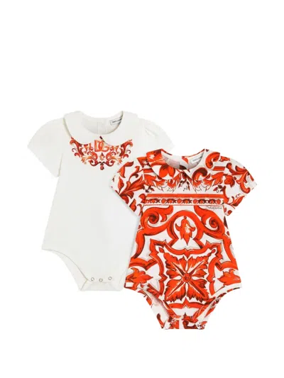 Dolce & Gabbana Babies' Majolica-print Jersey Body Gift Set In Brown