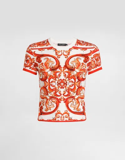 Dolce & Gabbana Majolica-print Jersey T-shirt In Orange