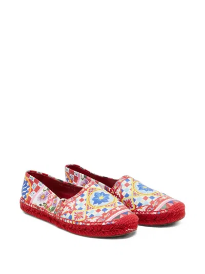 Pre-owned Dolce & Gabbana Majolica-print Leather Espadrilles In Red