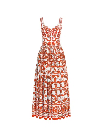Dolce & Gabbana Long Dress In Poplin With Majolica Print In White