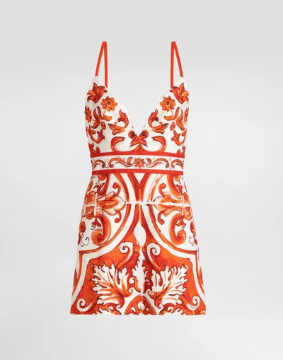 Dolce & Gabbana Majolica-print Mat Dress In Orange