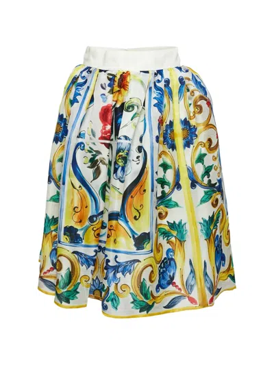 Pre-owned Dolce & Gabbana Majolica-print Midi Skirt In White
