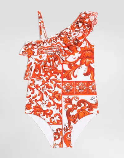 Dolce & Gabbana Kids' Majolica-print One-piece Swimsuit In Red
