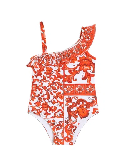 Dolce & Gabbana Babies' Majolica-print One-piece Swimsuit In Orange