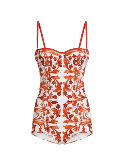 Dolce & Gabbana Majolica-print One-piece Swimsuit In Red