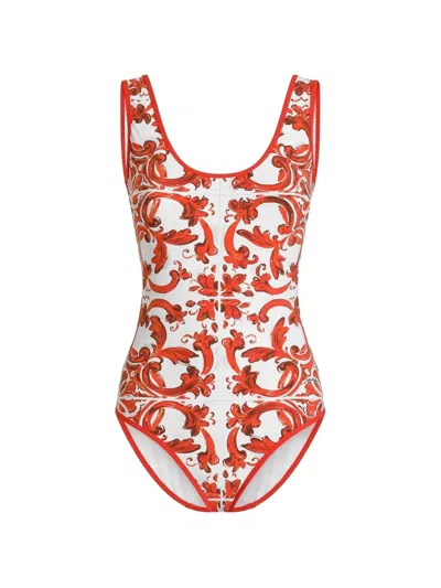 Dolce & Gabbana Majolica-print One-piece Swimsuit In Red