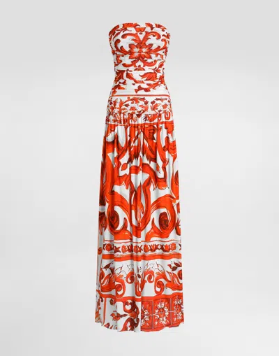 Dolce & Gabbana Majolica-print Organzine Long Dress In Orange
