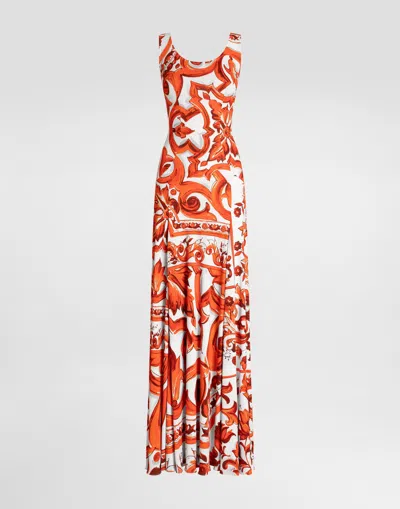 Dolce & Gabbana Majolica-print Organzine Long Dress In Orange