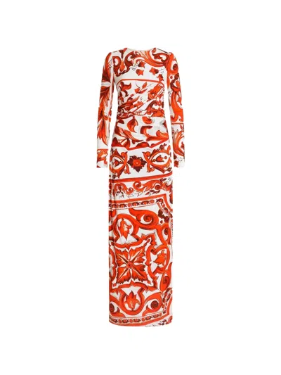 Dolce & Gabbana Majolica-print Organzine Long Dress In Orange