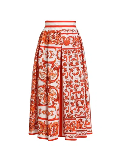 Dolce & Gabbana Majolica-print Pleated Skirt In Orange