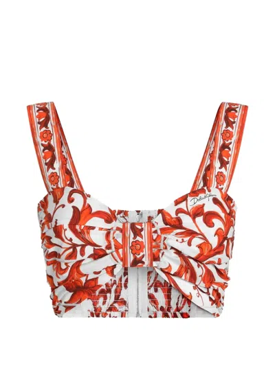 Dolce & Gabbana Majolica-print Poplin Bustier Top In Orange