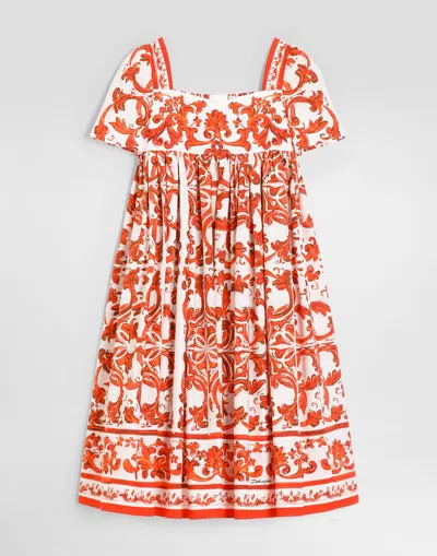 Dolce & Gabbana Kids' Majolica-print Poplin Dress In Red