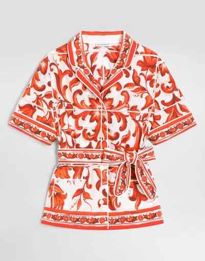 Dolce & Gabbana Kids' Majolica-print Poplin Vanity Shirt In Orange