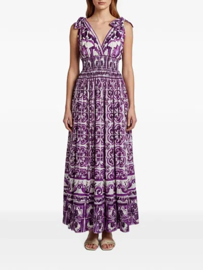 Pre-owned Dolce & Gabbana Majolica-print Shirred Maxi Dress In Purple