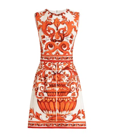 Dolce & Gabbana Majolica Print Sleeveless A Line Mini Dress In Orange