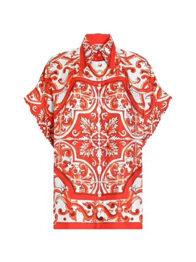 Dolce & Gabbana Majolica-print Silk Shirt In Red