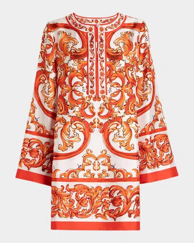 Dolce & Gabbana Majolica-print Silk Twill Mini Kaftan Dress In Orange