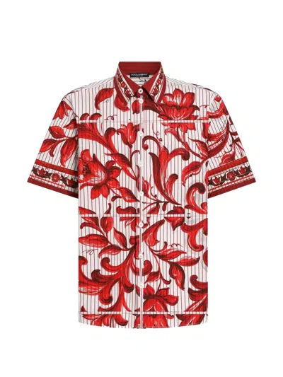 Dolce & Gabbana Majolica-print Striped Poplin Hawaii Shirt In Brown