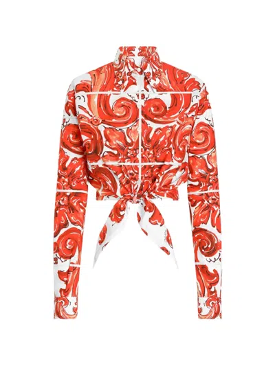 Dolce & Gabbana Majolica-print Tie-front Shirt In Orange