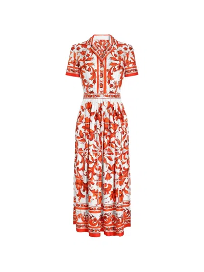 Dolce & Gabbana Maiolica Print Silk Maxi Dress In Orange