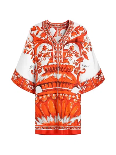Dolce & Gabbana Majolica-print Twill Short Kimono Dress In Red