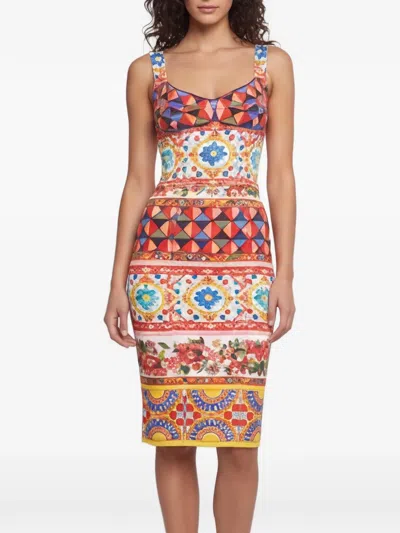 Pre-owned Dolce & Gabbana Mambo Sweetheart-neck Midi Dress In White