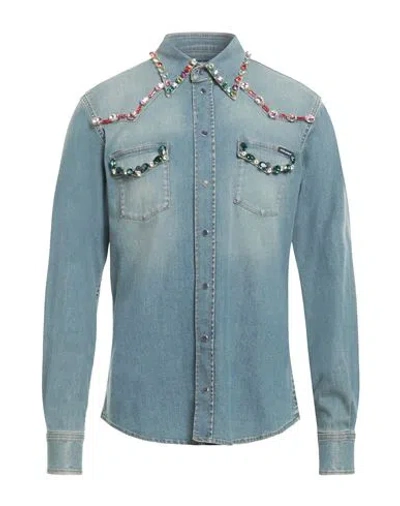 Dolce & Gabbana Man Denim Shirt Blue Size 16 Cotton, Elastane, Glass, Brass