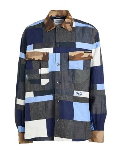 Dolce & Gabbana Man Shirt Navy Size 17 Linen, Cotton, Virgin Wool, Elastane In Navy Blue